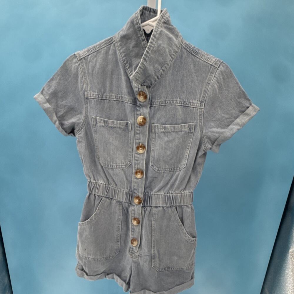 Women's Light Blue Denim Button-Up Romper One-Piece Short Sleeve Collared Size S